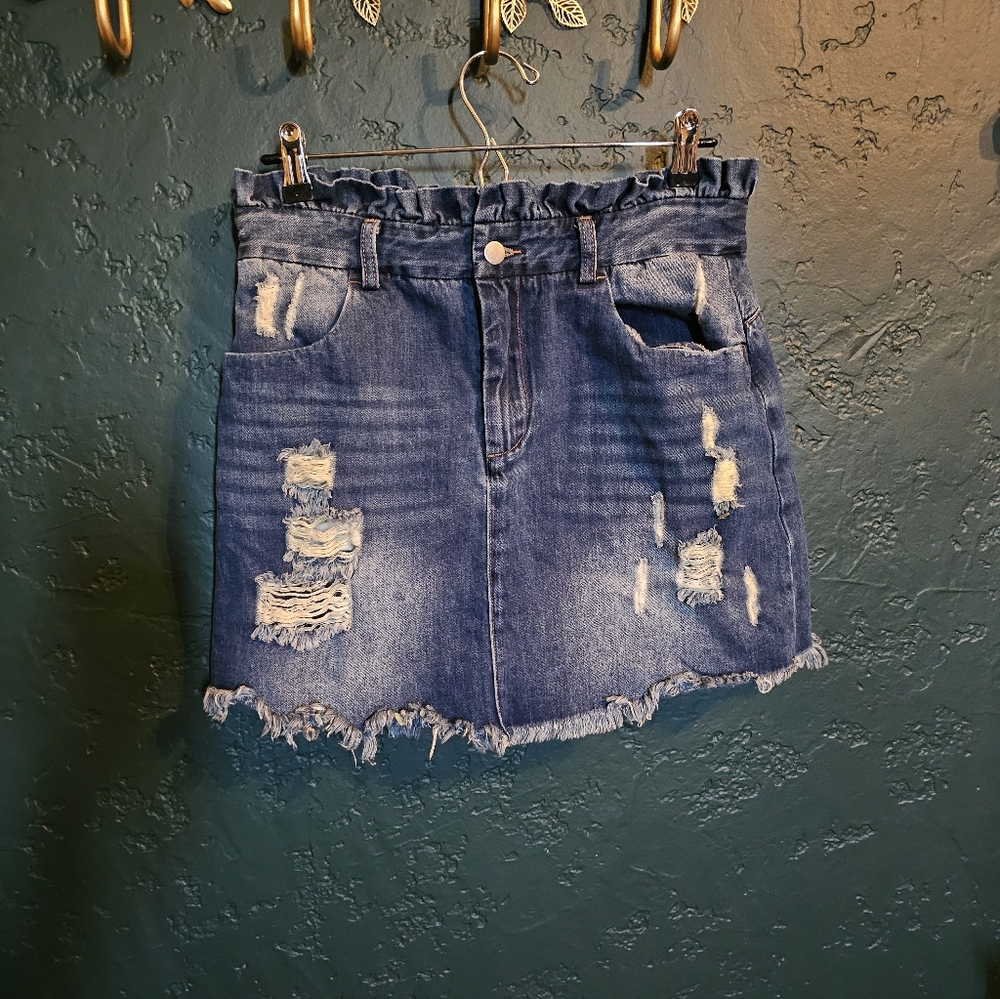Hayden Distressed Dark Blue Denim Mini Skirt